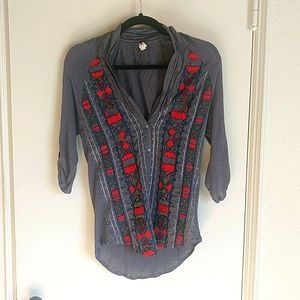 Anthropologie gray embroidered button down blouse